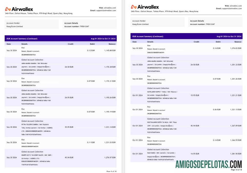 Extrato de conta limitado da Hong Kong Airwallex, modelo 18 páginas 5
